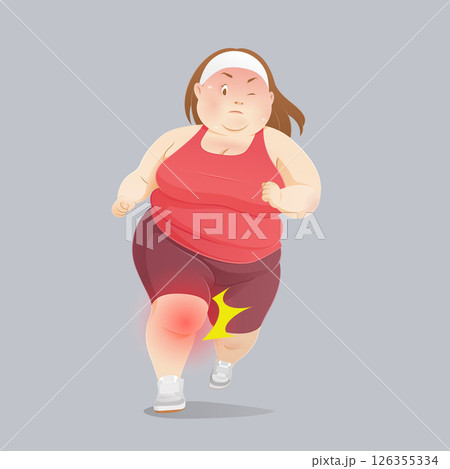 An obese woman experiencing knee joint pain as a result of excessive running. 126355334