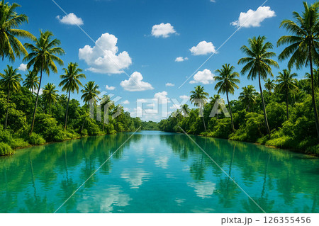 水面に映るヤシの木 126355456