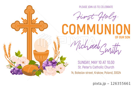 Square frame with first communion symbols. Vector. Composition from a golden bowl for wine, bread, wine, grapes, white roses. Beautiful design elements for an invitation to the Holy Eucharist. 126355661
