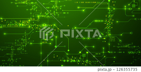 Digital circuit visualization vector background. Green board pattern with interconnected lines, nodes, and binary code. Digital circuit visualization vector background. Green board pattern with interconnected lines, nodes, and binary code. 126355735