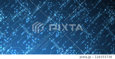 Digital circuit visualization vector background.  Blue board pattern with interconnected lines, nodes, and binary code. 126355736