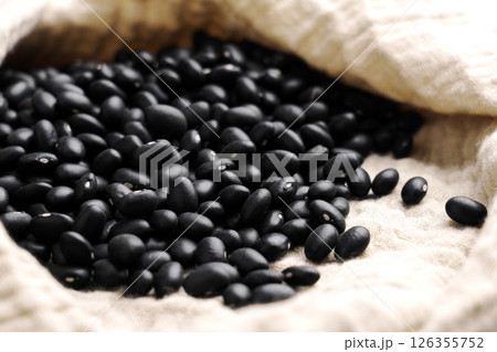 Scattered uncooked black turtle beans on kitchen cloth close up Scattered uncooked black turtle beans on kitchen cloth close up 126355752