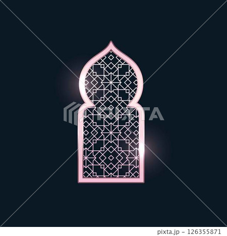 Traditional Islamic Ramadan shiny pink silver window, vector oriental gate arch frame with Arabic arabesque pattern Traditional Islamic Ramadan shiny pink silver window, vector oriental gate arch frame with Arabic arabesque pattern 126355871