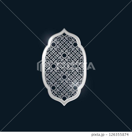 Traditional Islamic Ramadan shiny silver window arch frame with Arabic arabesque pattern oriental style, Muslim vector 126355874