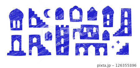 Abstract arabic blue moroccan arch, door, architecture, moon. Geometric brush vector old medina elements. 126355896