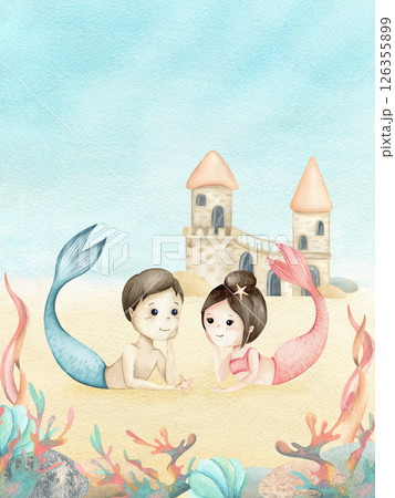 Mermaid little girl and boy, cute couple in love. Underwater world with castle of princess and young Poseidon, seaweed. Watercolor children's illustration algae, seashell. Kids poster, postcard 126355899