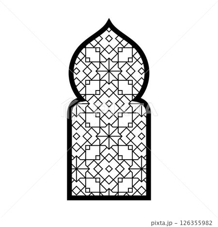 Traditional Islamic arch window gate door with arabesque oriental style, vector Ramadan black frame geometric pattern 126355982