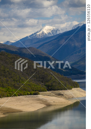 Zhinvali Water Reservoir artificial lake on the river Aragvi on Georgian Military Road north of Tbilisi, Georgia 126356110