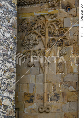 Facade details on the Church of the Mother of God inside Ananuri castle complex in Georgia Facade details on the Church of the Mother of God inside Ananuri castle complex in Georgia 126356127