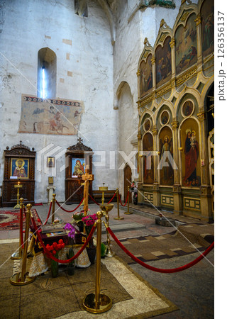 Interior of the Georgian orthodox Church of the Mother of God in Ananuri castle in Dusheti Municipality in Georgia 126356137
