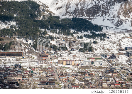 Town of Stepantsminda in Caucasus mountains along the Georgian Military Road, major route from Georgia to Russia Town of Stepantsminda in Caucasus mountains along the Georgian Military Road, major route from Georgia to Russia 126356155