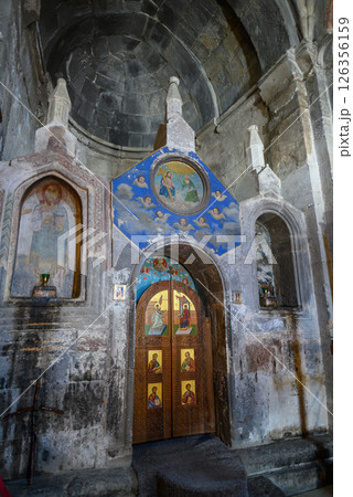 Interior of the Gergeti Trinity Church near Stepantsminda, popular tourist destination in the Caucasus in Georgia 126356159