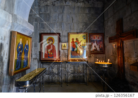 Interior of the Gergeti Trinity Church near Stepantsminda, popular tourist destination in the Caucasus in Georgia 126356167