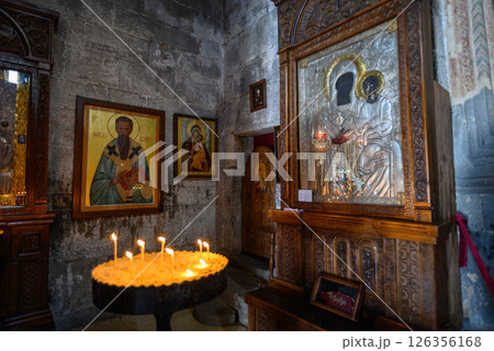 Interior of the Gergeti Trinity Church near Stepantsminda, popular tourist destination in the Caucasus in Georgia 126356168