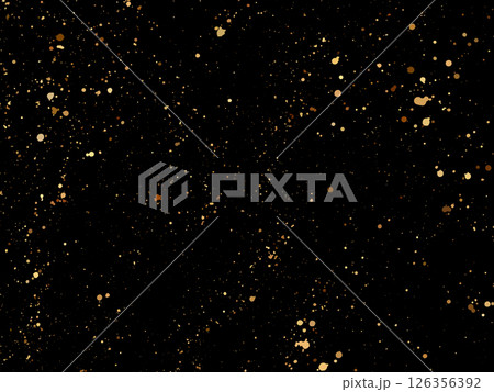 Elegant gold splatter texture on a black background. Abstract vector ink drops and glittery specks create a luxurious and festive design. Perfect for invitations, packaging, posters, branding 126356392