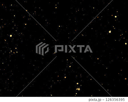 Elegant gold splatter texture on a black background. Abstract vector ink drops and glittery specks create a luxurious and festive design. Perfect for invitations, packaging, posters, branding 126356395