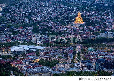 Cityscape of Tbilisi, Georgia, aerial panoramic night view from Mtatsminda Park hill Cityscape of Tbilisi, Georgia, aerial panoramic night view from Mtatsminda Park hill 126356527