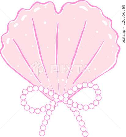 Coquette Pink Heart Seashell with Pearl Ribbon Bow Hand Drawn Coquette Pink Heart Seashell with Pearl Ribbon Bow Hand Drawn 126356569