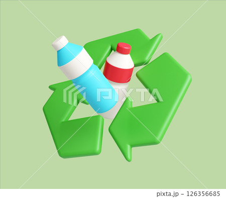 Eco recycling symbol with plastic bottles promoting sustainability. 3D render illustration 126356685