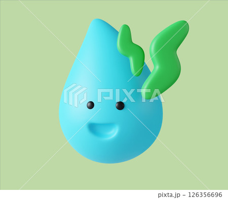 Eco-friendly water droplet character with leafy decorations. 3D render illustration 126356696