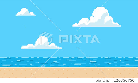Pixel art game background with sea beach and clouds on blue sky, vector ocean horizon summer day scene 8 bit video game Pixel art game background with sea beach and clouds on blue sky, vector ocean horizon summer day scene 8 bit video game 126356750