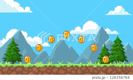 Pixel art summer day 8 bit video game background with mountains, fir trees, vector nature playing view and gold coins Pixel art summer day 8 bit video game background with mountains, fir trees, vector nature playing view and gold coins 126356768