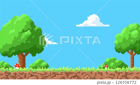 Pixel art game background with ground, grass, trees, fly agaric, blue sky and clouds, vector 8 bit video game landscape 126356772