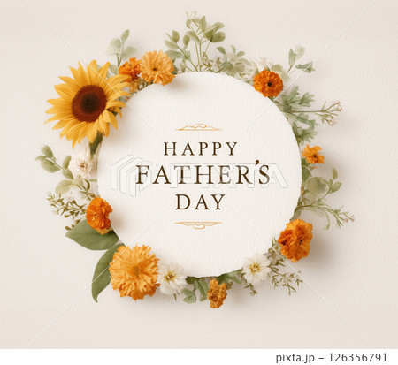 父の日のひまわりを添えた丸い花のリース 126356791