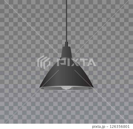Realistic ceiling lamp with black lampshade on isolated dark transparent background. Realistic ceiling lamp with black lampshade on isolated dark transparent background. 126356801