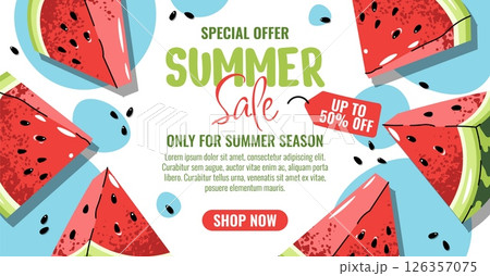 Summer Sale Banner with Watermelon, Flat Design Horizontal Promo Template. Juicy Fruit Slices Background for Discount Offer, Marketing Campaign. Perfect for Social Media, Website, Email Marketing Summer Sale Banner with Watermelon, Flat Design Horizontal Promo Template. Juicy Fruit Slices Background for Discount Offer, Marketing Campaign. Perfect for Social Media, Website, Email Marketing 126357075