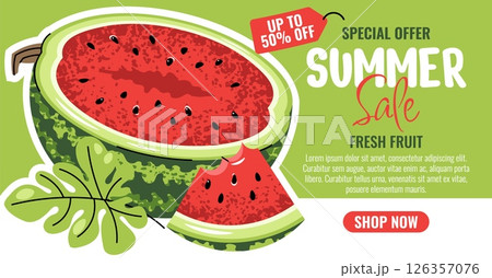 Summer Sale Banner with Half Watermelon, Flat Design Horizontal Promo Template. Fruit Background for Seasonal Discount, Food Marketing, Grocery Ads Social Media Campaign, Website, Store Promotion Summer Sale Banner with Half Watermelon, Flat Design Horizontal Promo Template. Fruit Background for Seasonal Discount, Food Marketing, Grocery Ads Social Media Campaign, Website, Store Promotion 126357076