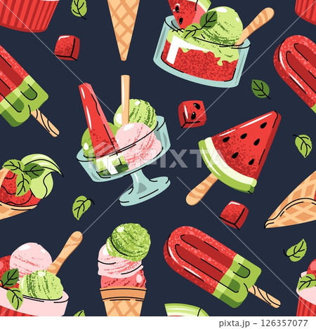 Watermelon Ice Cream Seamless Pattern in Flat Design. Background with sorbet with Mint Leaves and Watermelon Slices. Ideal for Food Graphics, Summer Textiles, Wallpapers, Lifestyle Branding and More 126357077