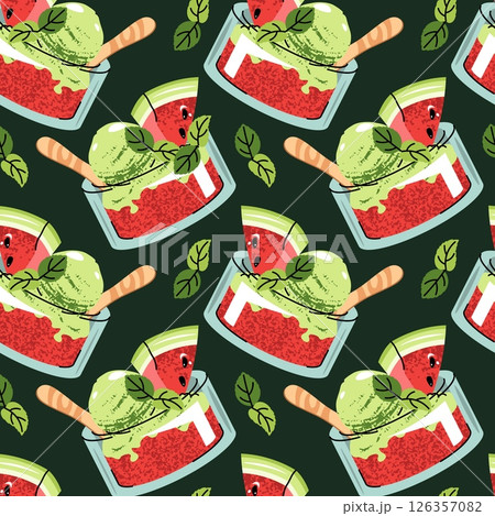 Watermelon sorbet seamless pattern. Background with glass bowl with ice cream,fresh slice watermelon and mint leaves. Summer textiles, dessert packaging, cafe decor, healthy food branding. 126357082