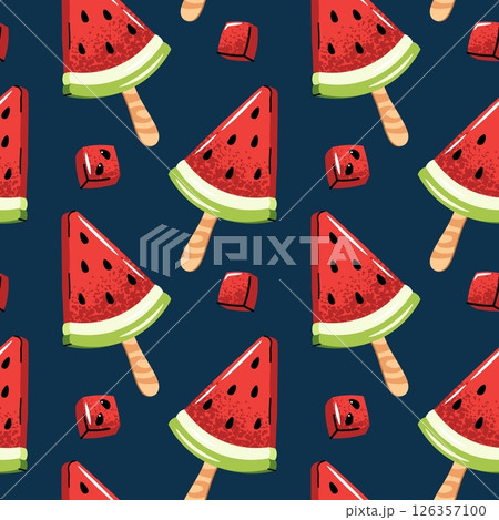 Watermelon ice cream seamless pattern. Flat popsicle on stick with fresh slices. Summer textiles, kids wallpaper, party decor, frozen treat packaging. Vector illustration 126357100
