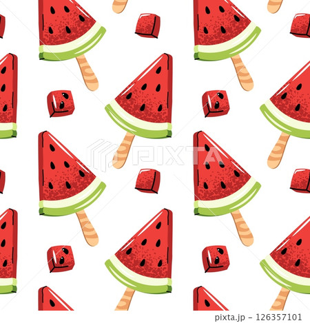 Watermelon ice cream seamless pattern. Flat popsicle on stick with fresh slices. Summer textiles, kids wallpaper, party decor, frozen treat packaging. Vector illustration 126357101
