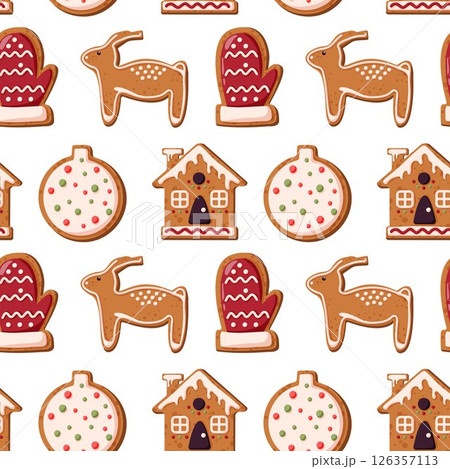 Christmas seamless pattern with gingerbread cookie in cartoon style. Merry Christmas and Happy New Year design for kitchen wallpaper and background. Winter homemade sweets. Christmas seamless pattern with gingerbread cookie in cartoon style. Merry Christmas and Happy New Year design for kitchen wallpaper and background. Winter homemade sweets. 126357113