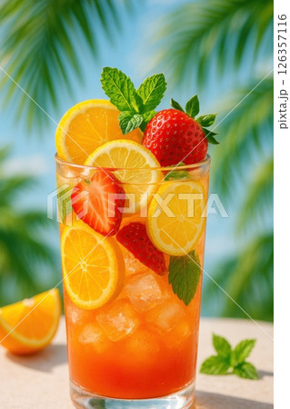 Glass of tropical mocktail with strawberries Glass of tropical mocktail with strawberries 126357116
