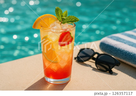 Colorful tropical drink with citrus and strawberry Colorful tropical drink with citrus and strawberry 126357117