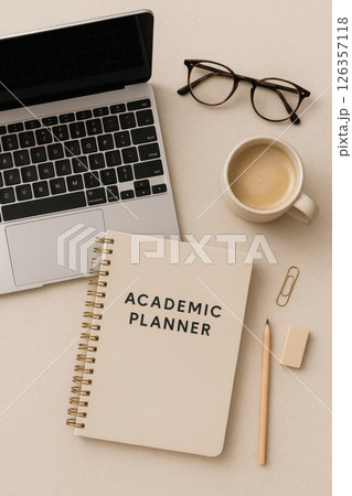 Flat lay of academic planner, laptop, glasses Flat lay of academic planner, laptop, glasses 126357118