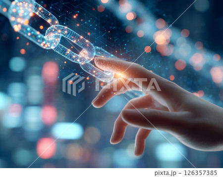 ブロックチェーンネットワークを示す近未来的な手の接続イメージ ブロックチェーンネットワークを示す近未来的な手の接続イメージ 126357385