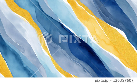 Elegant abstract watercolor design featuring flowing blue, white, and gold waves suitable for artistic projects and modern decor 126357607