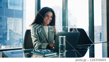 Finance, laptop and smile of business woman in office of investment firm for portfolio growth. Computer, money and wealth with happy broker or trader in corporate workplace for planning or research Finance, laptop and smile of business woman in office of investment firm for portfolio growth. Computer, money and wealth with happy broker or trader in corporate workplace for planning or research 126358005