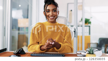 Woman, portrait and video call with smile for presentation, webinar or virtual meeting. Happy, female person or creative employee with POV for online communication or discussion at workplace office Woman, portrait and video call with smile for presentation, webinar or virtual meeting. Happy, female person or creative employee with POV for online communication or discussion at workplace office 126358035