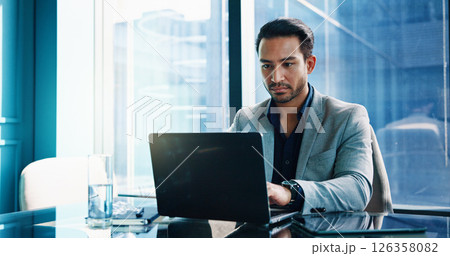 Finance, laptop and typing with business man in office of investment firm for portfolio growth. Computer, money and wealth with serious broker in corporate workplace for planning, research or trading Finance, laptop and typing with business man in office of investment firm for portfolio growth. Computer, money and wealth with serious broker in corporate workplace for planning, research or trading 126358082