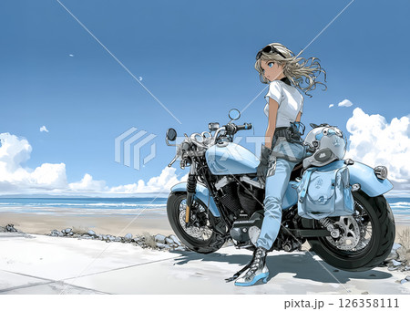 大型クルーザーバイクで海を見に来た女性のイラスト素材 126358111