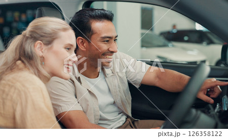 Smile, dealership and couple in new car for purchase on transport with test drive of vehicle. Happy, evaluation and man with woman for decision on automotive shopping with positive choice together. 126358122