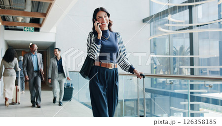 Business trip, smile and woman with suitcase, phone call or communication for travel arrangement. Talking, foreign service consultant and chat on mobile for departure, employee and person at airport 126358185