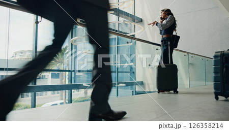 Business trip, employee and woman with suitcase, phone call and communication for travel arrangement. Talking, foreign service officer and chat with mobile for departure, airport or person with tech 126358214