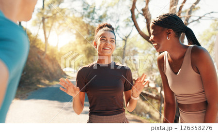 Running, laughing and team with friends in nature for fitness, workout partners and health. Wellness, exercise club and support with people outdoor for performance, training and challenge together 126358276