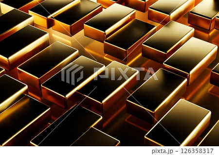 A realistic 3d render showcasing multiple gleaming gold ingots. 126358317